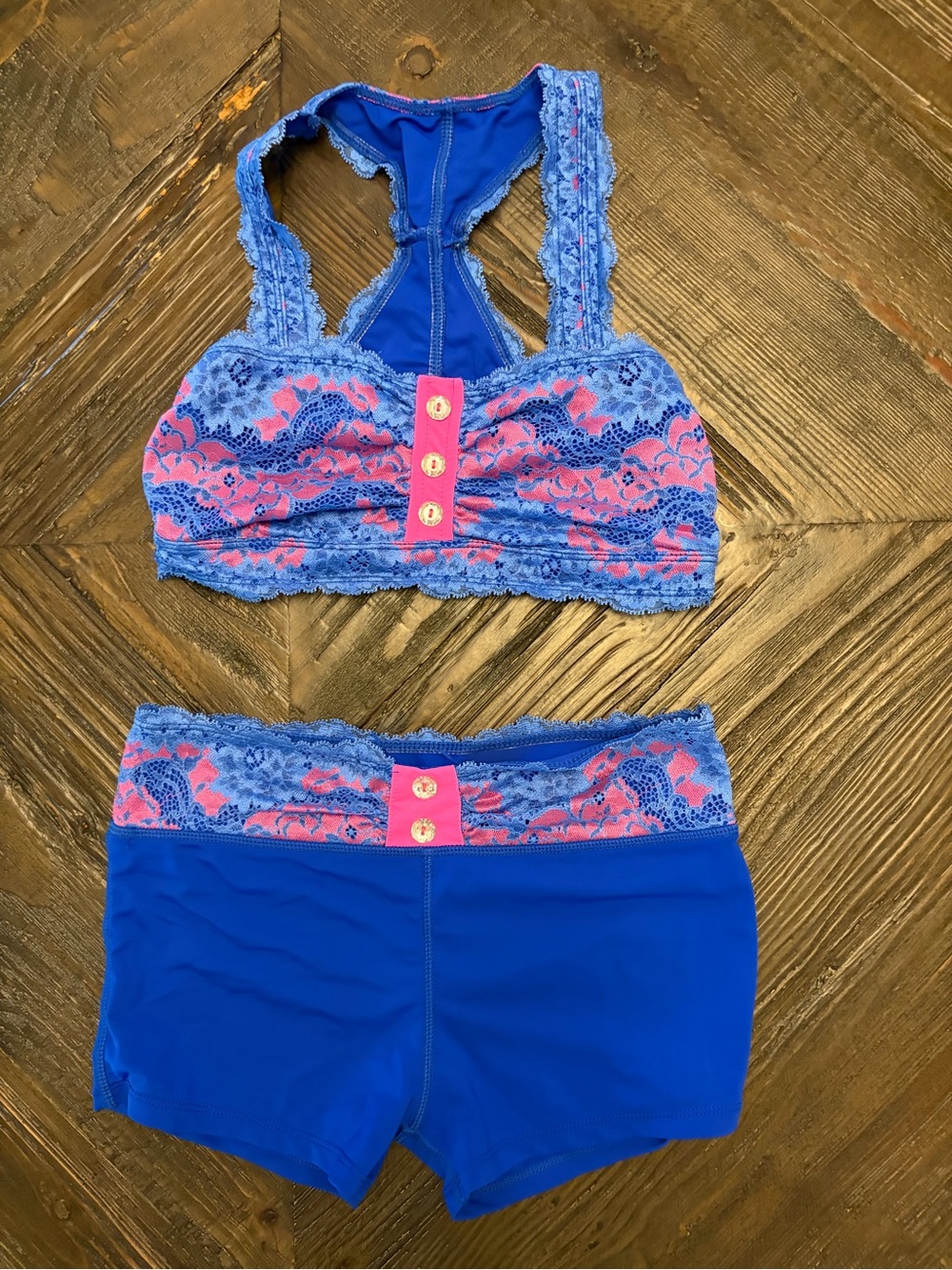 California kisses girls dance wear Blue Lace & short Set with Pink Accents